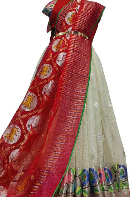 Off White Handloom Kota Doria Unstitched Lehenga Set - Luxurion World