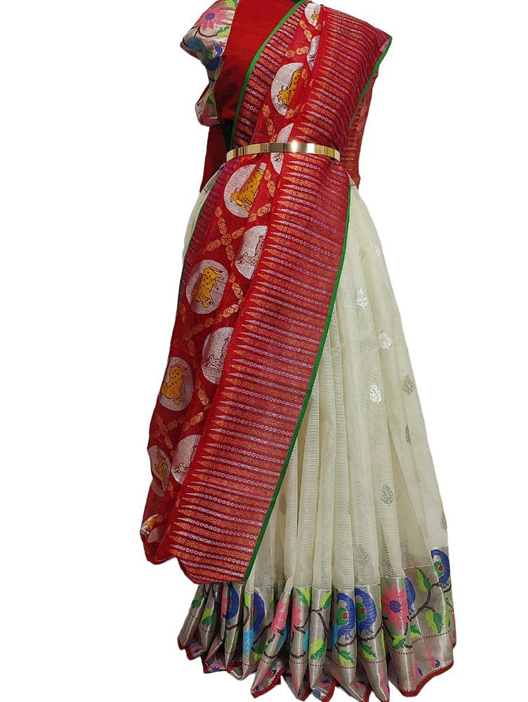 Off White Handloom Kota Doria Unstitched Lehenga Set - Luxurion World