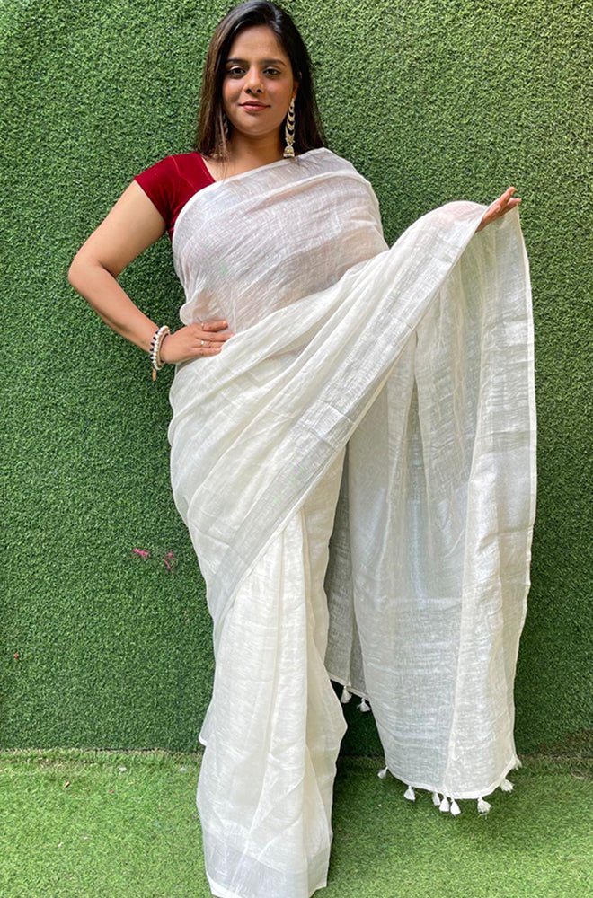 Off White Handloom Linen Saree