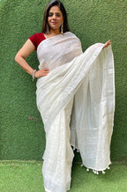 Off White Handloom Linen Saree - Luxurion World