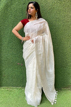Off White Handloom Linen Saree - Luxurion World