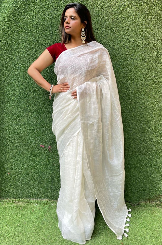 Off White Handloom Linen Saree - Luxurion World