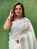 Off White Handloom Linen Saree - Luxurion World