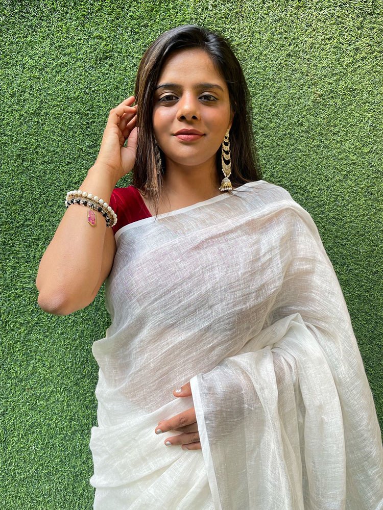 Off White Handloom Linen Saree - Luxurion World