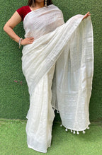 Off White Handloom Linen Saree - Luxurion World