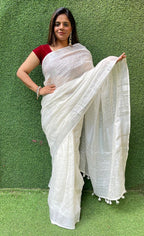 Off White Handloom Linen Saree - Luxurion World