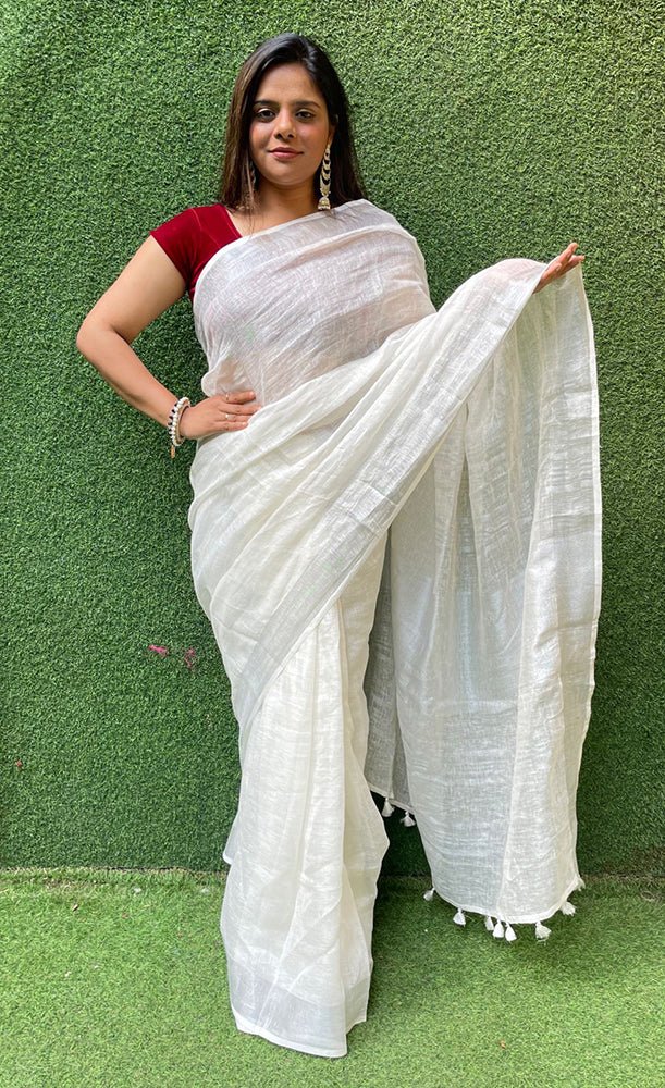 Off White Handloom Linen Saree - Luxurion World