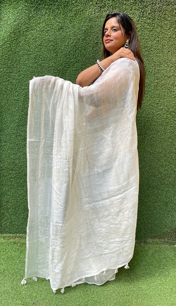 Off White Handloom Linen Saree - Luxurion World