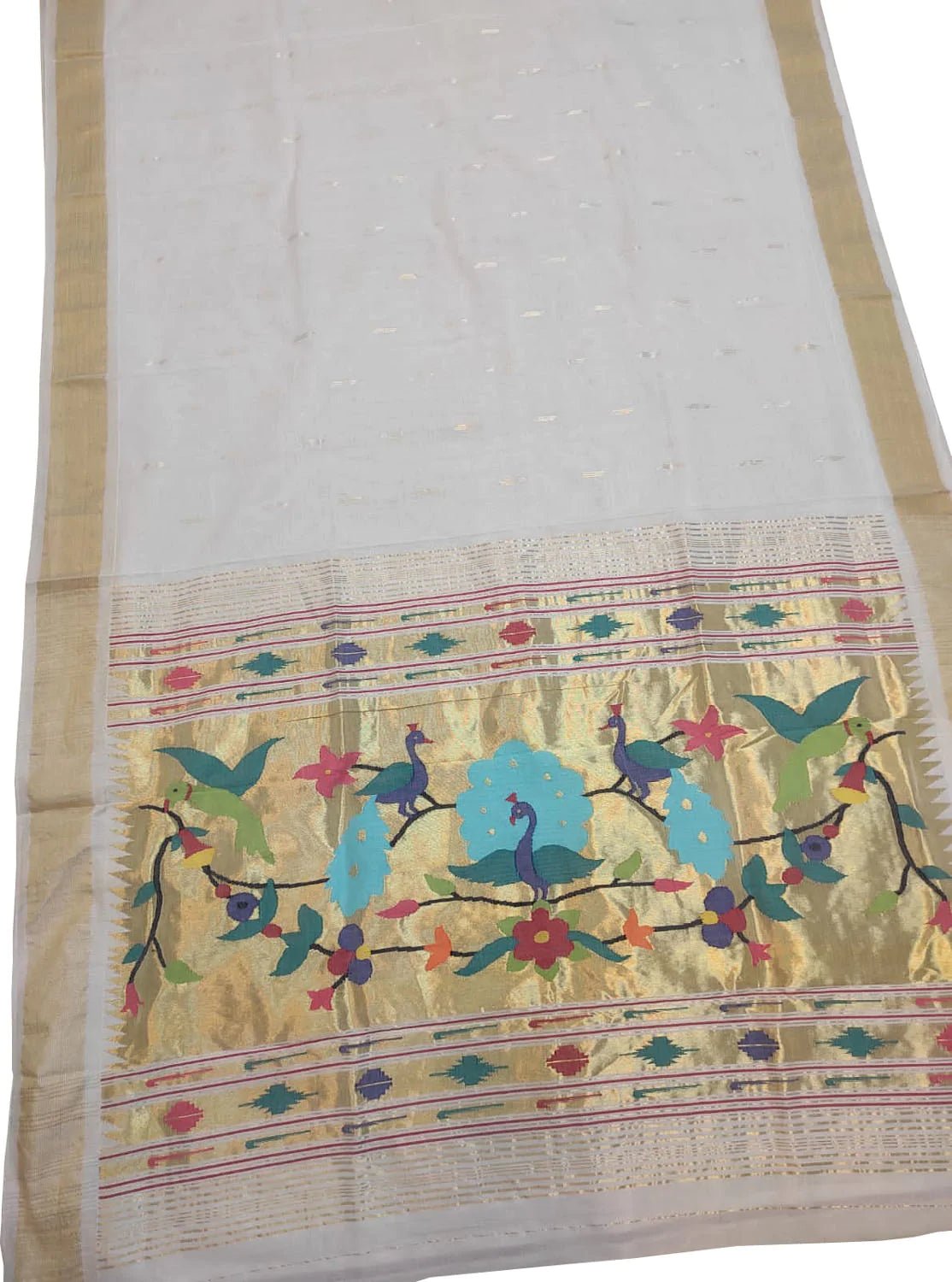 Off White Handloom Paithani Pure Cotton Peacock Design Saree - Luxurion World