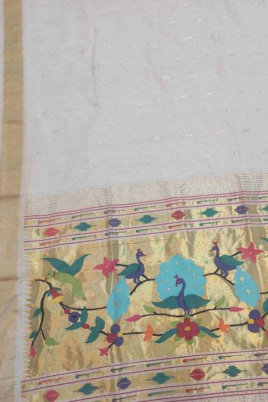 Off White Handloom Paithani Pure Cotton Peacock Design Saree - Luxurion World