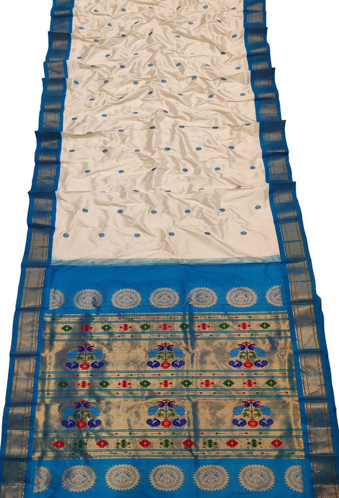 Off White Handloom Paithani Pure Silk Peacock Design Saree - Luxurion World
