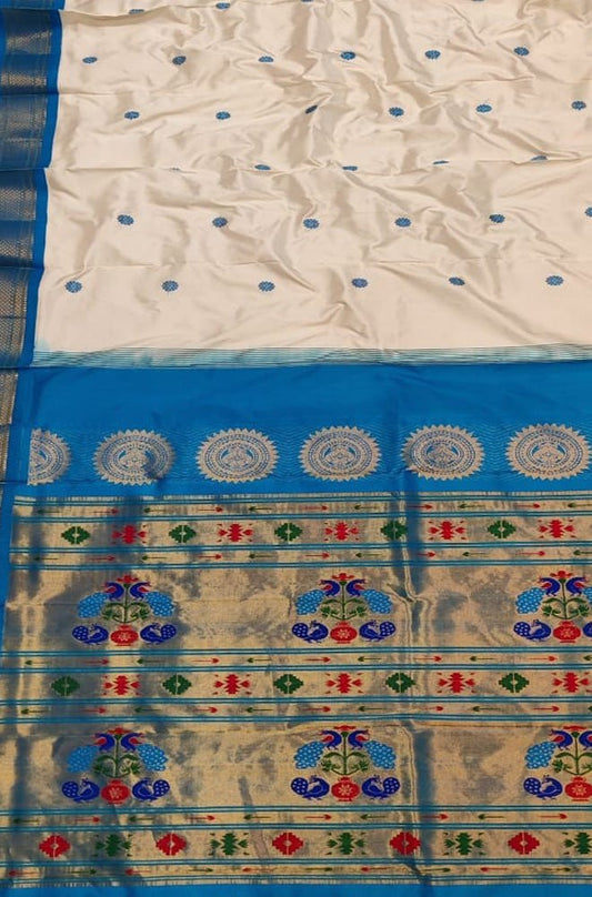 Off White Handloom Paithani Pure Silk Peacock Design Saree - Luxurion World