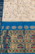 Off White Handloom Paithani Pure Silk Peacock Design Saree - Luxurion World