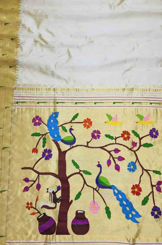 Off White Handloom Paithani Pure Silk Triple Muniya Border Peacock Design Saree - Luxurion World