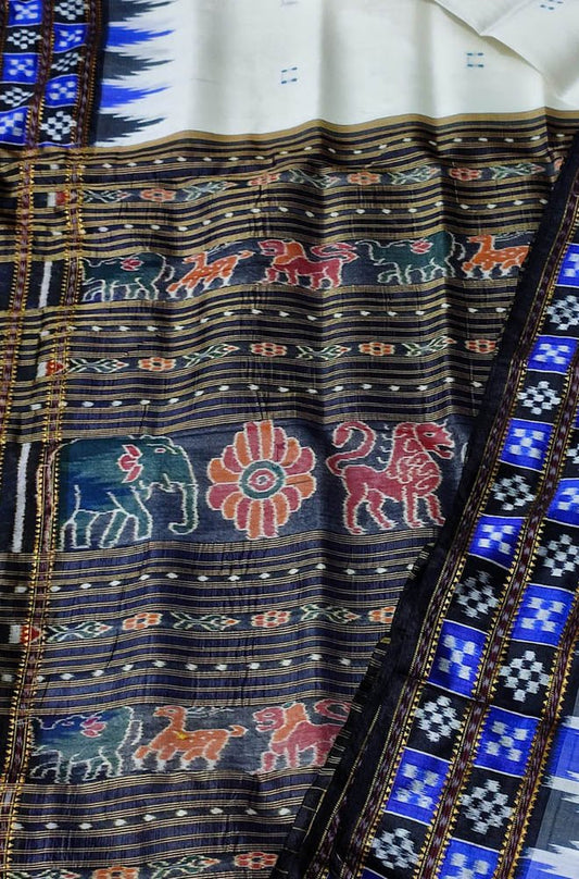 Off White Handloom Sambalpuri Double Ikat Silk Saree - Luxurion World