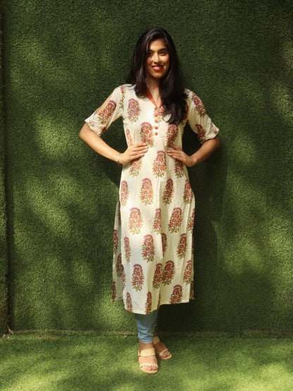 Off-White Mughal Print Stitched Kurta - Luxurion World