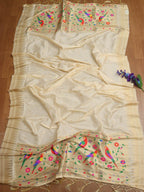 Off White Paithani Silk Parrot And Floral Design Dupatta - Luxurion World