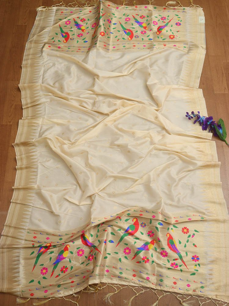 Off White Paithani Silk Parrot And Floral Design Dupatta - Luxurion World