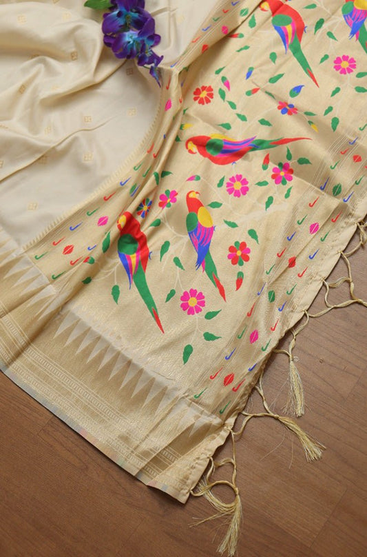 Off White Paithani Silk Parrot And Floral Design Dupatta - Luxurion World