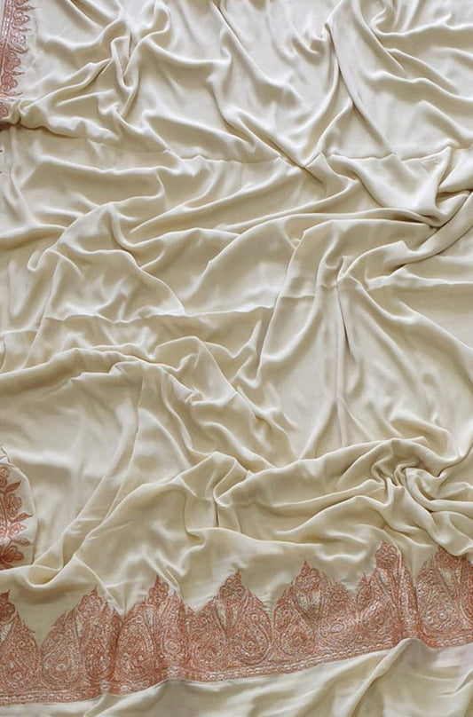 Off White Plain Embroidered Kashmiri Tila Work Crepe Saree - Luxurion World