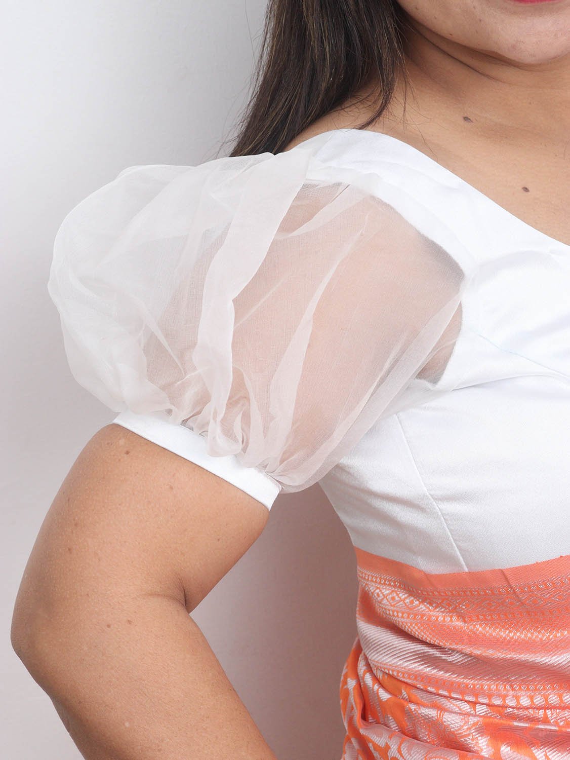 Off White Satin Silk Padded Blouse With Organza Puffed Sleeves - Luxurion World