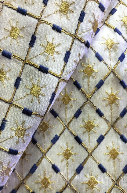 Off White Trendy Embroidered Raw Silk Fabric ( 1 Mtr )