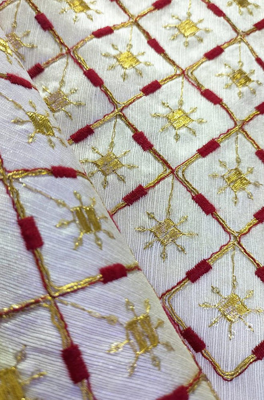 Off White Trendy Embroidered Raw Silk Fabric ( 1 Mtr ) - Luxurion World