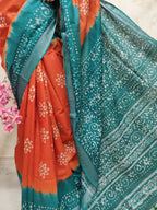 Orange And Blue Block Printed Cotton Linen Saree - Luxurion World
