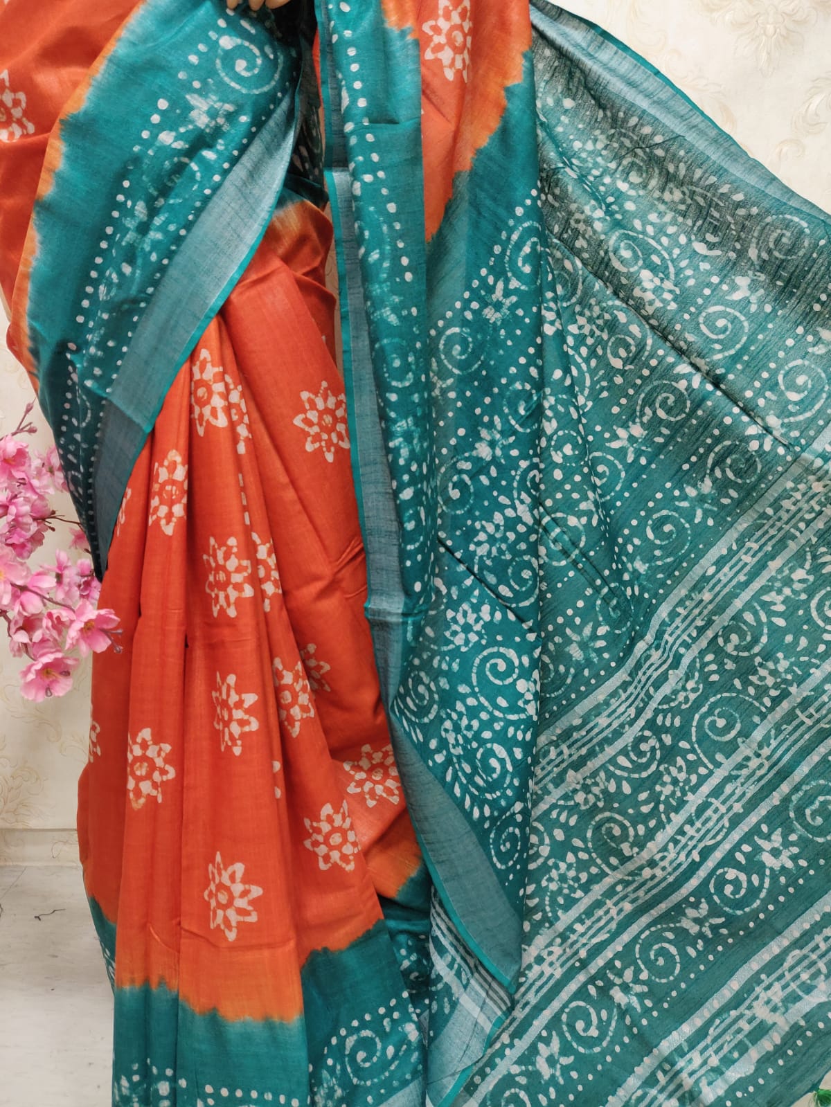 Orange And Blue Block Printed Cotton Linen Saree - Luxurion World