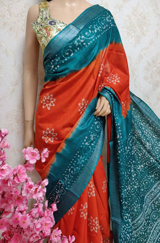 Orange And Blue Block Printed Cotton Linen Saree - Luxurion World