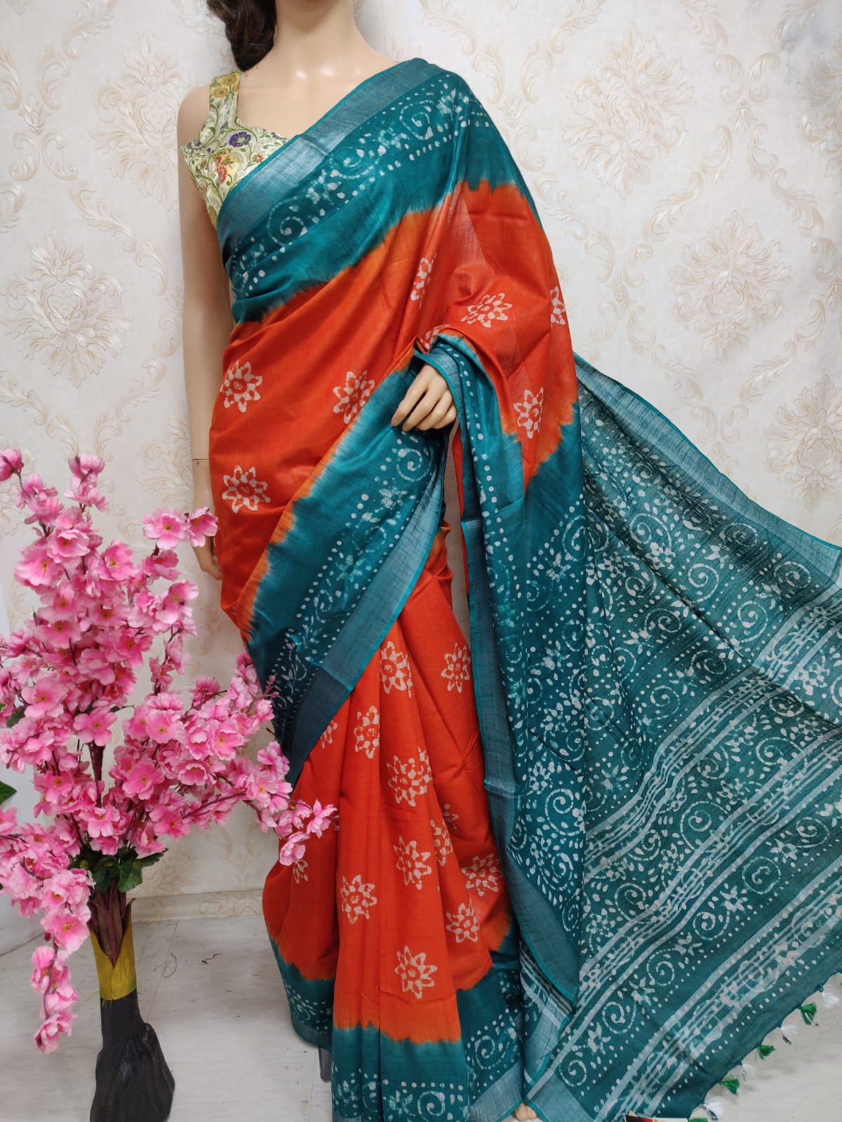 Orange And Blue Block Printed Cotton Linen Saree - Luxurion World
