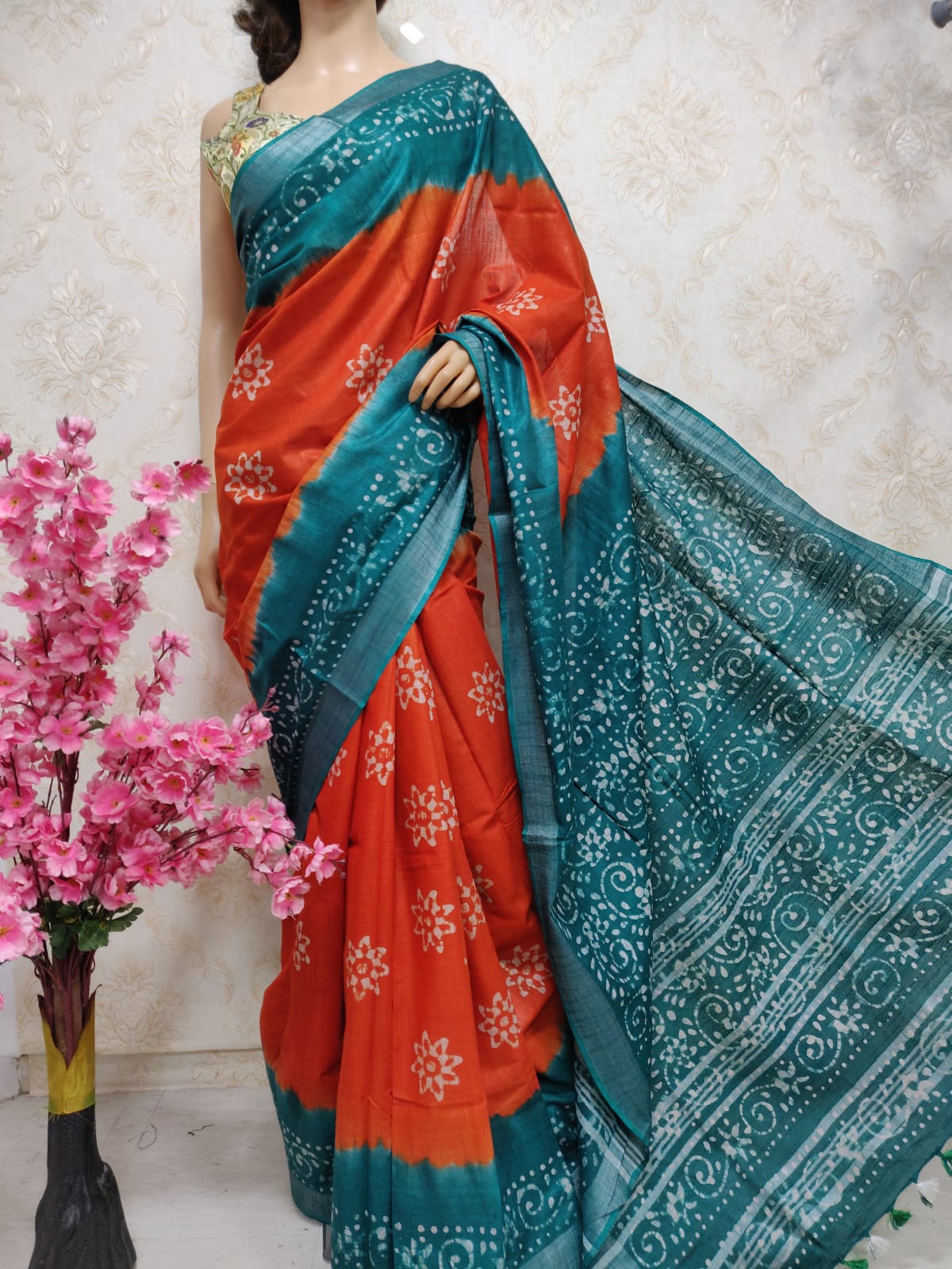 Orange And Blue Block Printed Cotton Linen Saree - Luxurion World