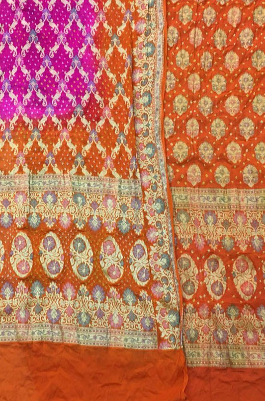 Orange And Pink Banarasi Bandhani Pure Georgette Three Piece Unstitched Suit Set