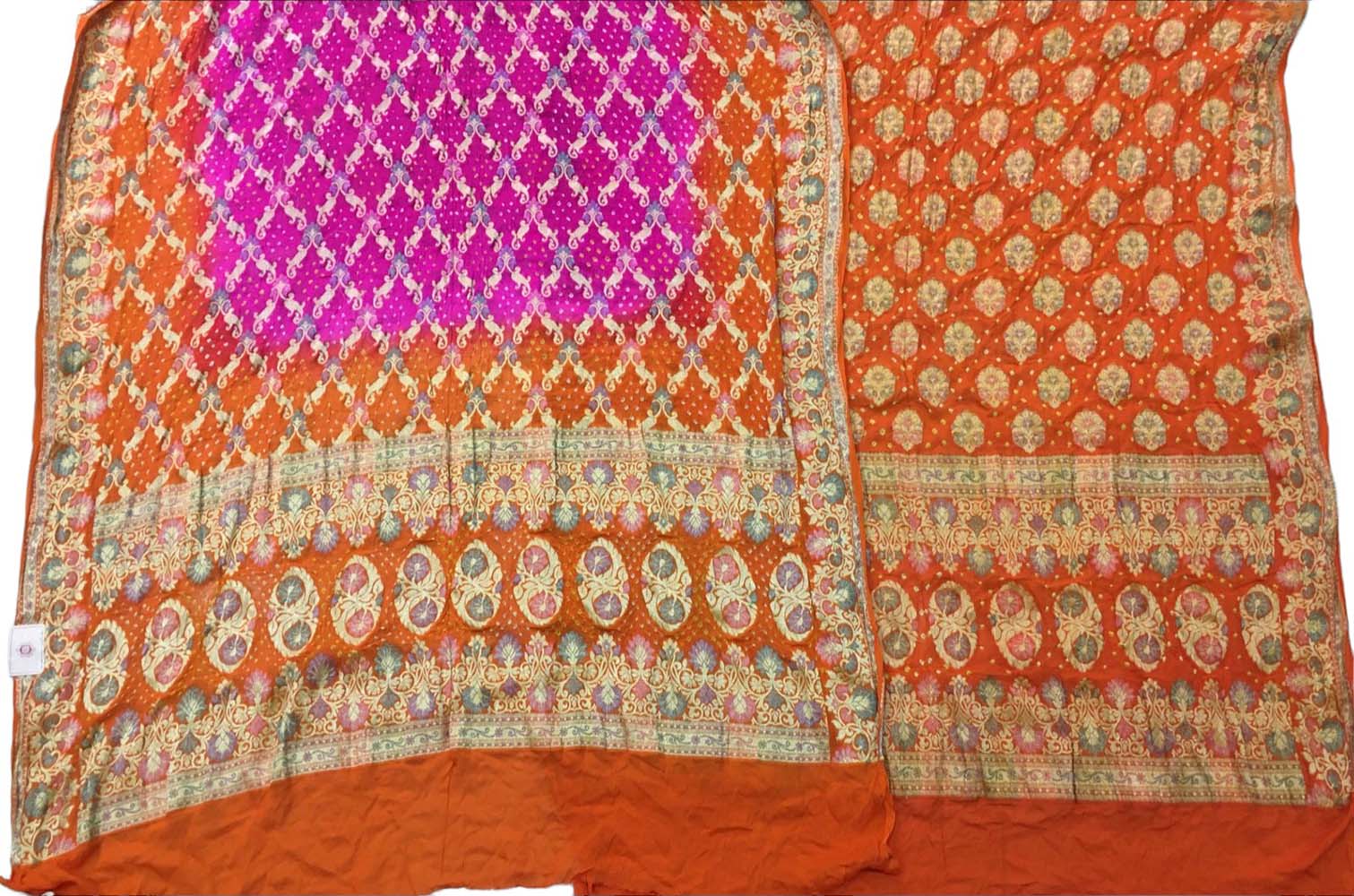 Orange And Pink Banarasi Bandhani Pure Georgette Three Piece Unstitched Suit Set Luxurionworld