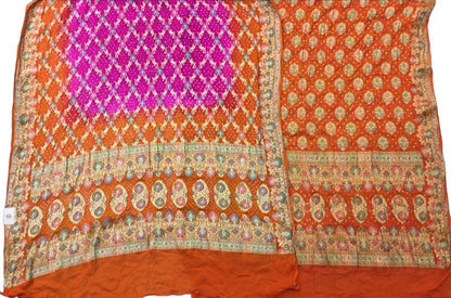 Orange And Pink Banarasi Bandhani Pure Georgette Three Piece Unstitched Suit Set