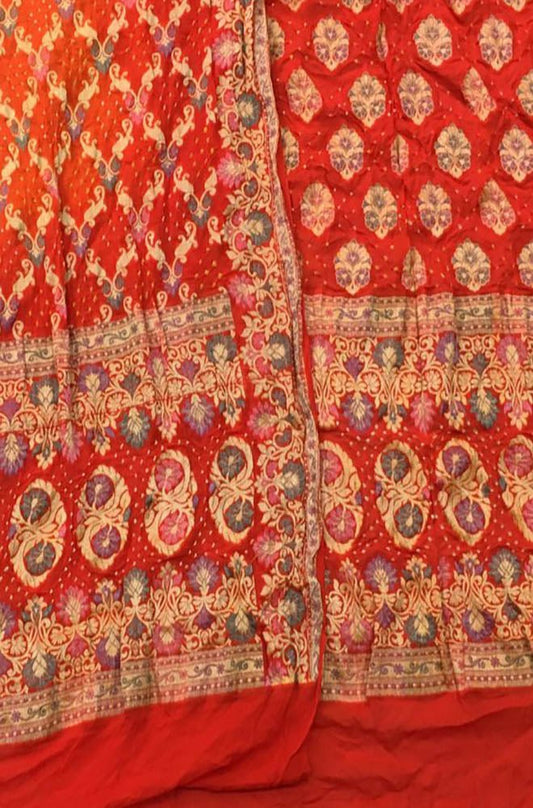 Orange Banarasi Bandhani Pure Georgette Three Piece Unstitched Suit Set - Luxurion World