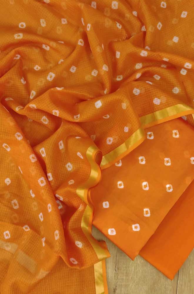 Orange Banarasi Chanderi Silk Three Piece Unstitched Suit Set