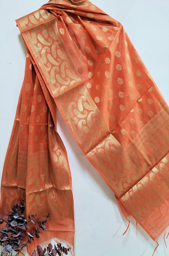 Orange Banarasi Cotton Silk Dupatta Luxurionworld
