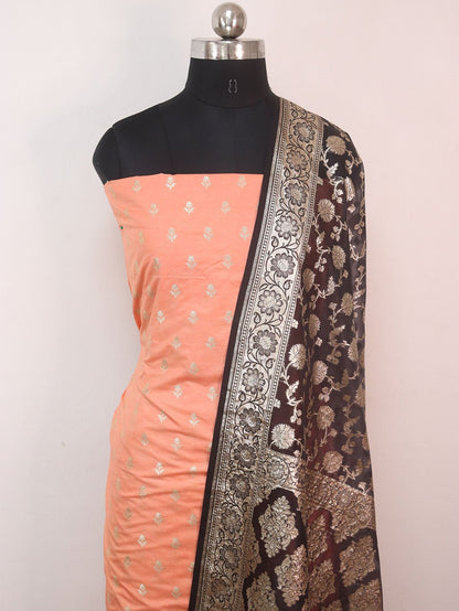 Orange Banarasi Dupion Silk Suit With Grey Banarasi Organza Dupatta