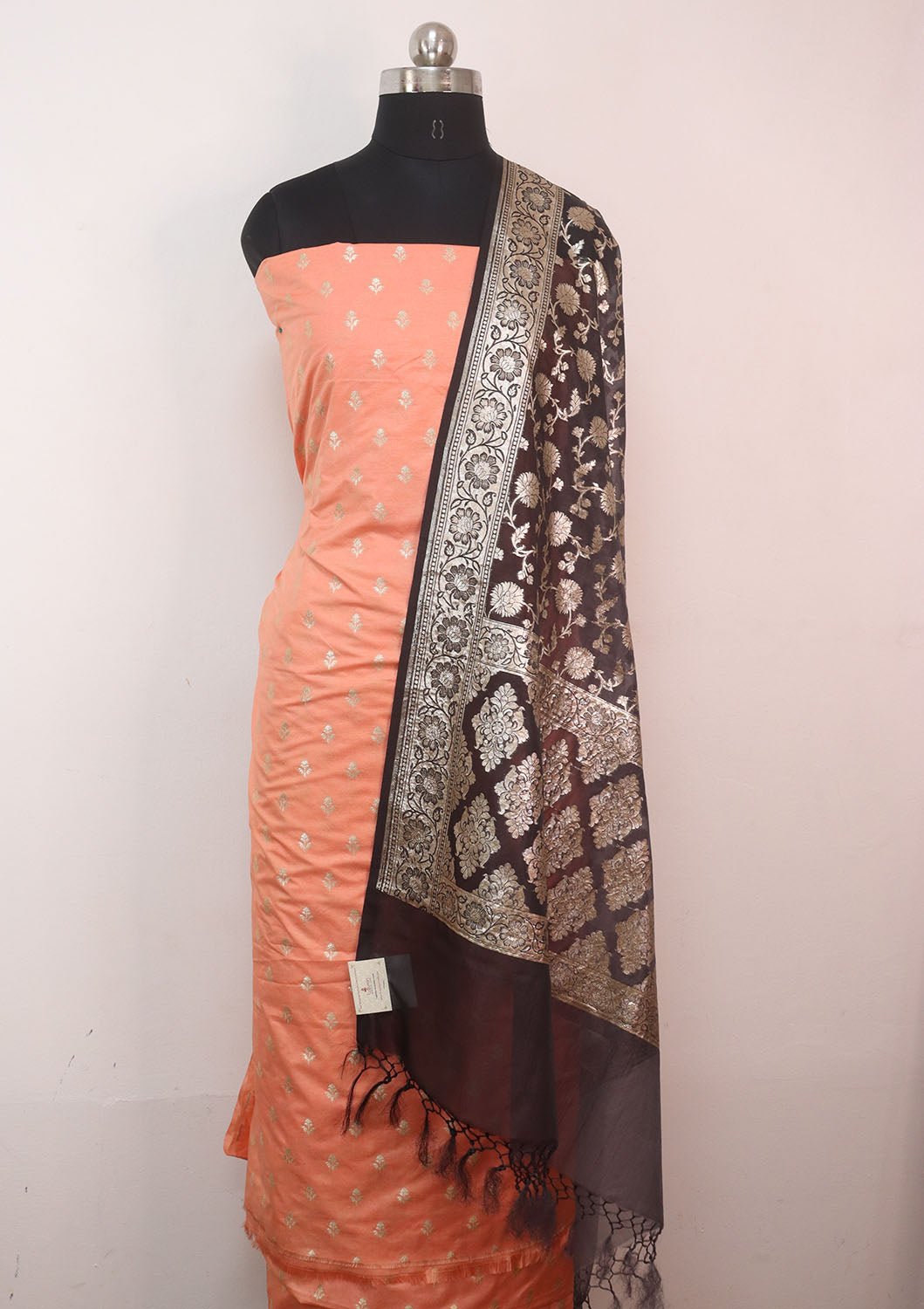 Orange Banarasi Dupion Silk Suit With Grey Banarasi Organza Dupatta