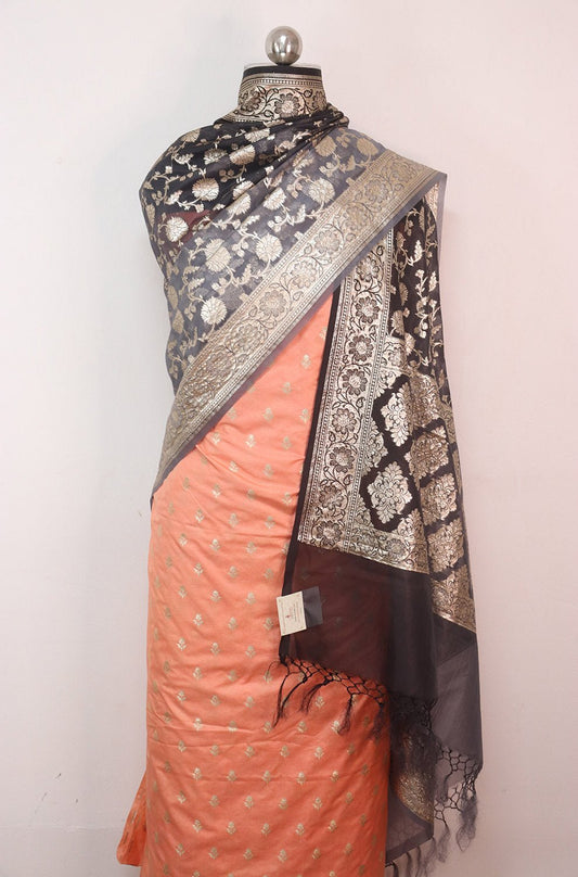 Orange Banarasi Dupion Silk Suit With Grey Banarasi Organza Dupatta - Luxurion World