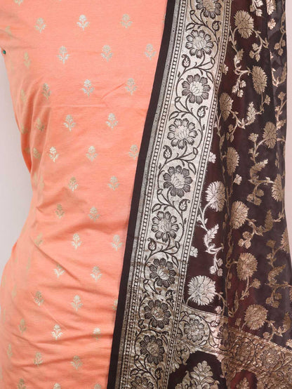 Orange Banarasi Dupion Silk Suit With Grey Banarasi Organza Dupatta - Luxurion World