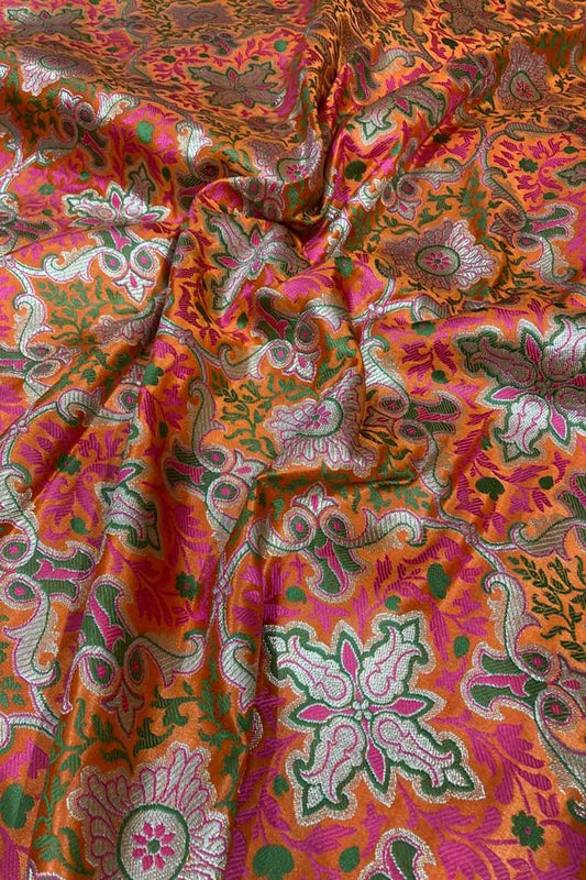 Orange Banarasi Kimkhwab Silk Fabric  ( 1 Mtr ) - Luxurion World