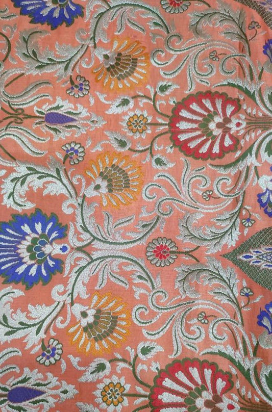 Orange Banarasi Kimkhwab Silk Meenakari Fabric ( 1 Mtr ) - Luxurion World