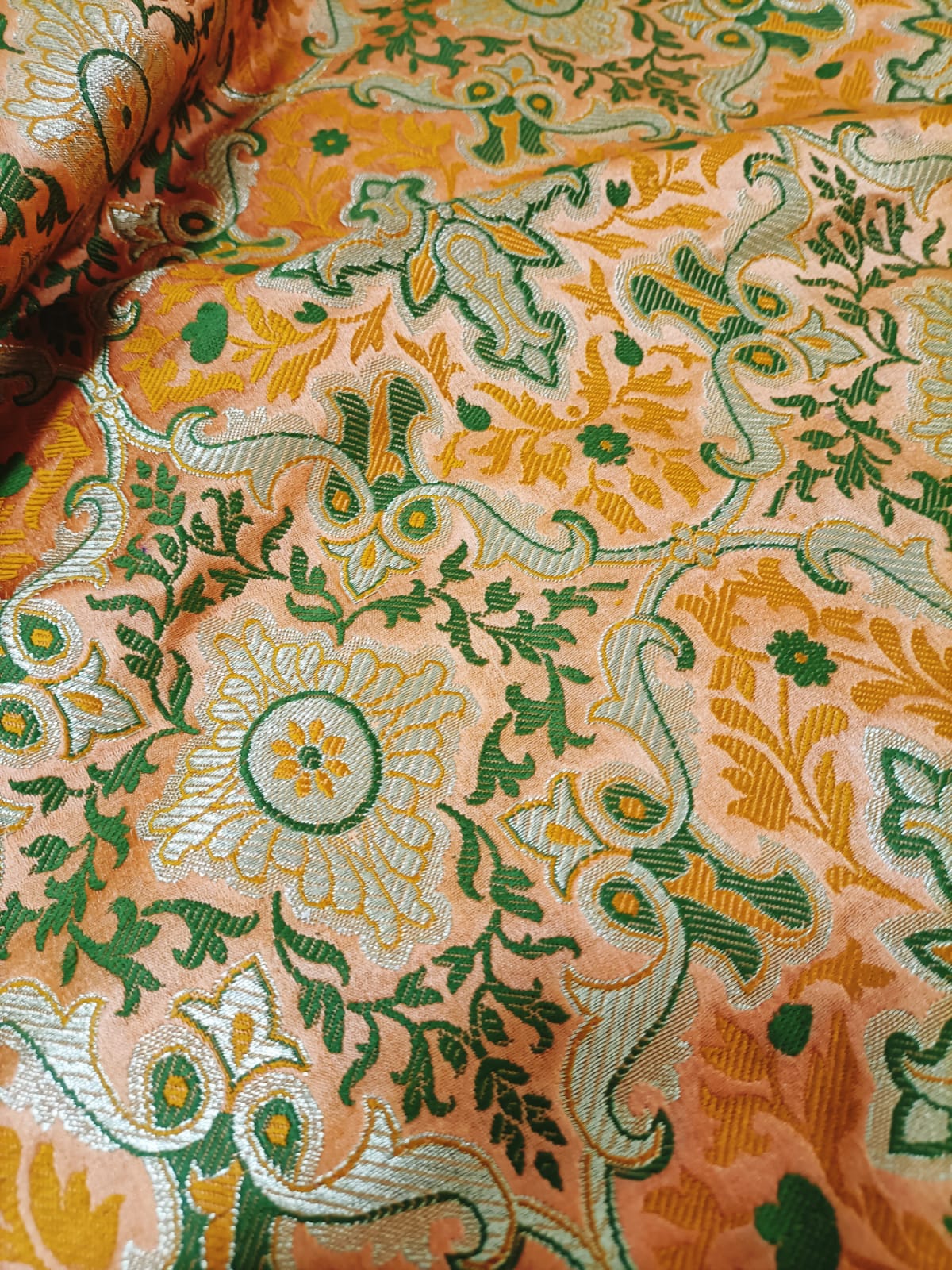 Orange Banarasi Kimkhwab Silk Meenakari Fabric  ( 1 Mtr ) - Luxurion World