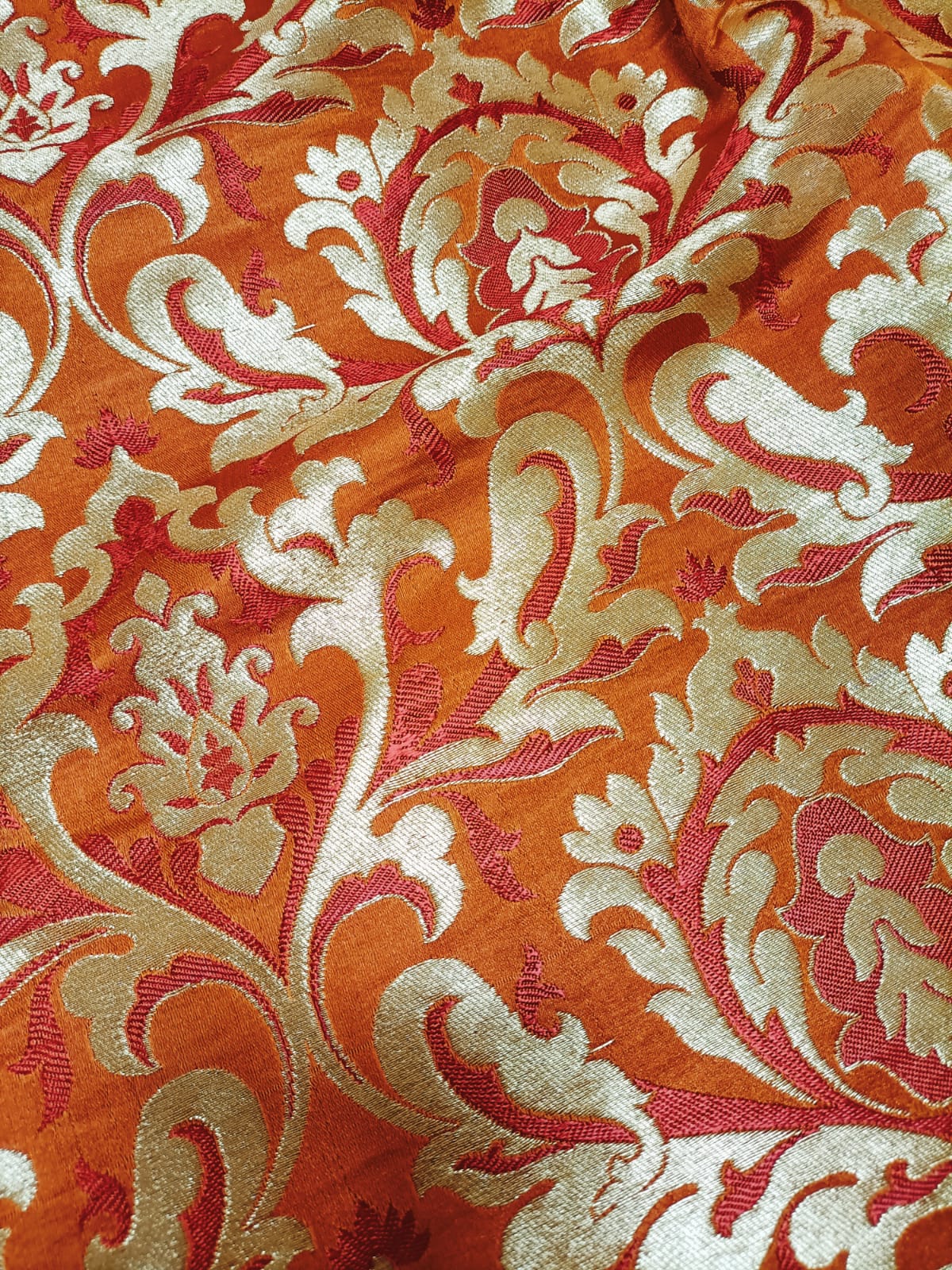 Orange Banarasi Kimkhwab Silk Fabric  ( 1 Mtr ) - Luxurion World