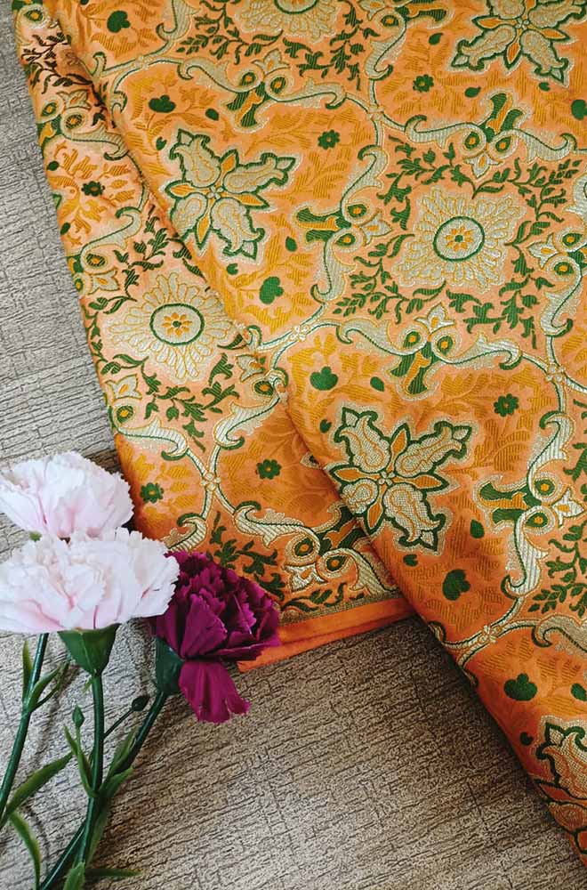 Orange Banarasi Kimkhwab Silk Meenakari Fabric ( 1 Mtr ) Luxurionworld