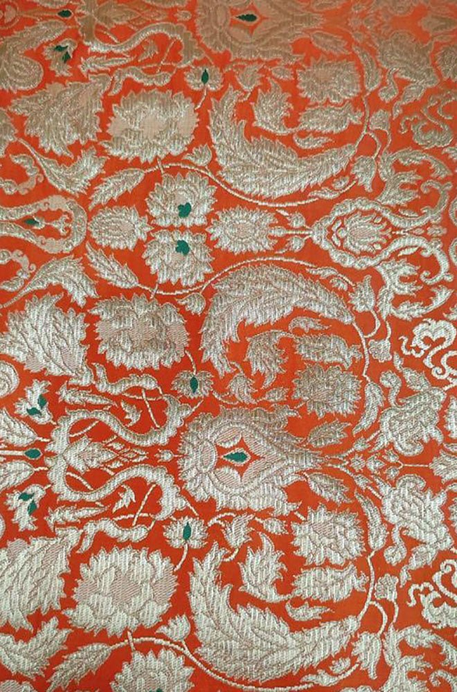 Orange Banarasi Kimkhwab Silk Meenakari Fabric ( 1 Mtr ) - Luxurion World