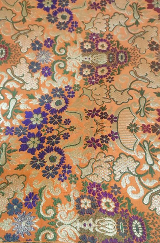 Orange Banarasi Kimkhwab Silk Meenakari Fabric ( 1 Mtr ) - Luxurion World