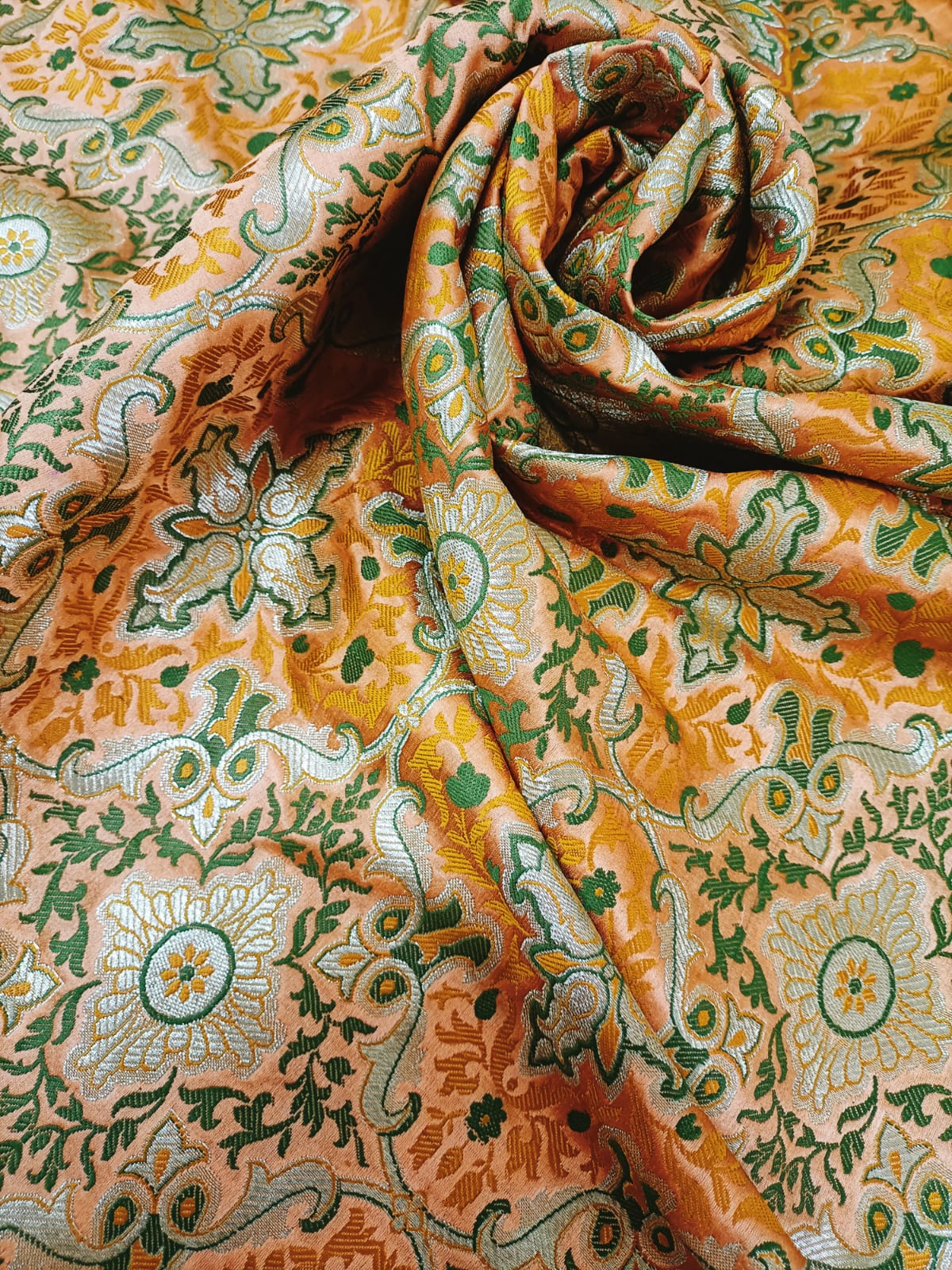 Orange Banarasi Kimkhwab Silk Meenakari Fabric ( 1 Mtr ) Luxurionworld